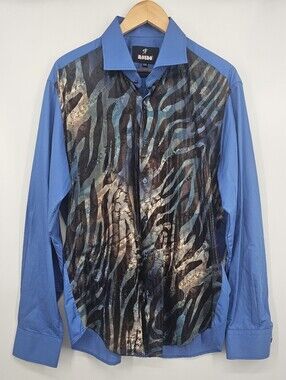 NWT Mondo Blue Animal Print Mesh Panel Button Up Shirt XXL Clubwear